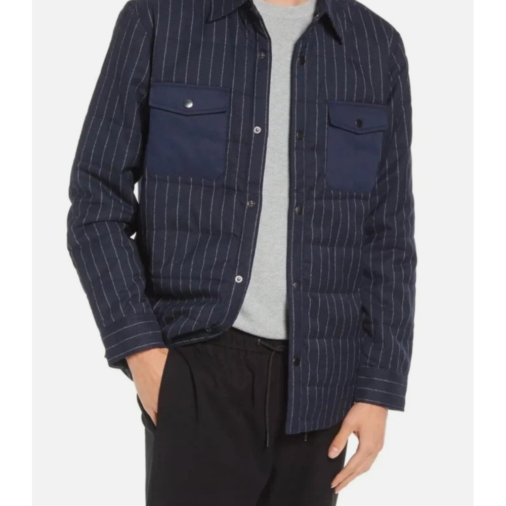 Open Edit Mens L Pinstripe Quilted Shirt‎ Jacket Button Down Navy Field Shacket
